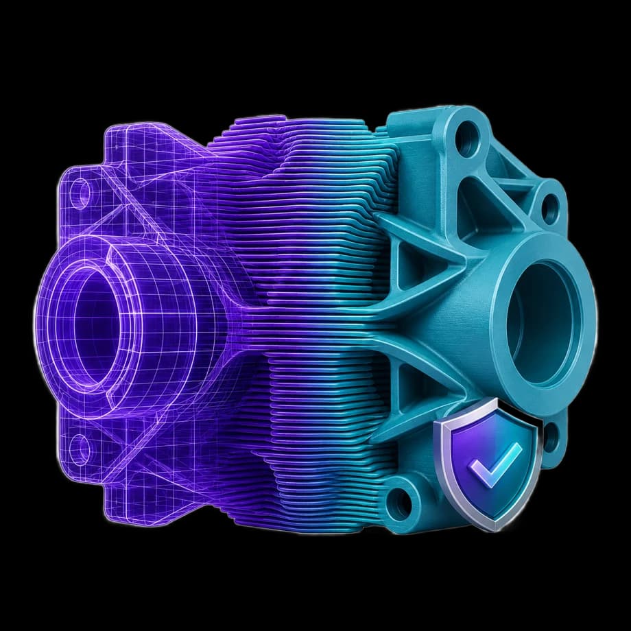 A 3D-printed mechanical part rendering from a CAD wireframe on the left into a finished printed component on the right